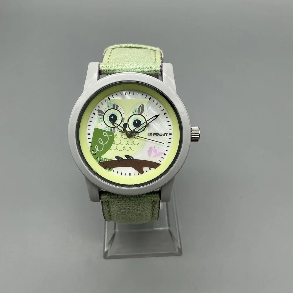 Sprout Girls Watch 38mm Owl MOP Dial Green Gray Case Canvas Strap New Battery